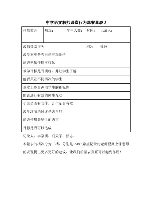 中学语文教师课堂行为观察量表3