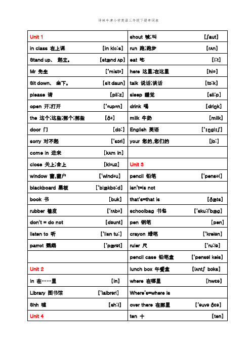 译林牛津小学英语三年级下册单词表