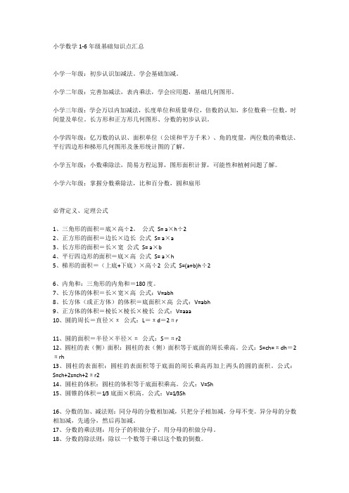 小学数学1-6年级基础知识点汇总