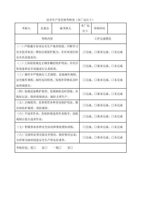 安全生产责任制考核表(水厂运行工)