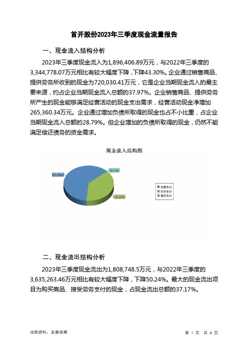 600376首开股份2023年三季度现金流量报告