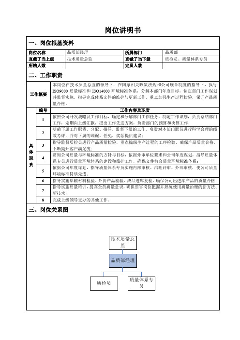 品质部经理岗位说明书