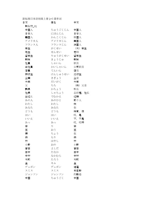 新标准日本语初级上册1-5课单词