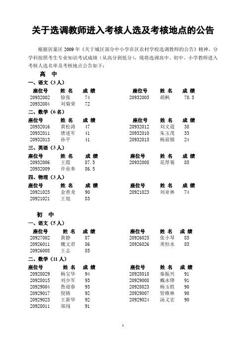 关于选调教师进入考核人选及考核地点的公告