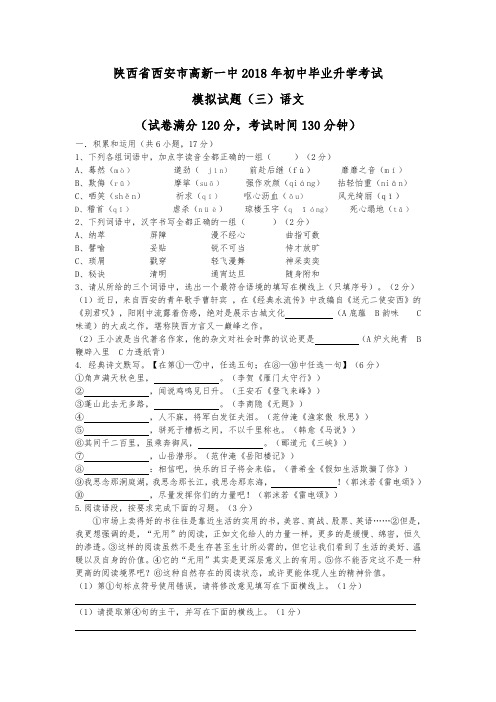 陕西省西安市高新一中2018年初中毕业升学考试模拟试题(三)语文