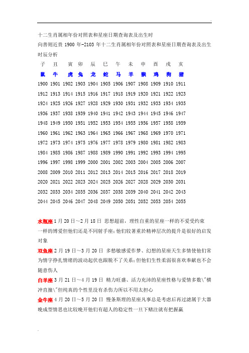 十二生肖属相年份对照表和星座日期查询表及出生时