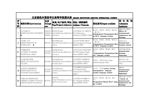 北京接收外国留学生高等学校通讯录