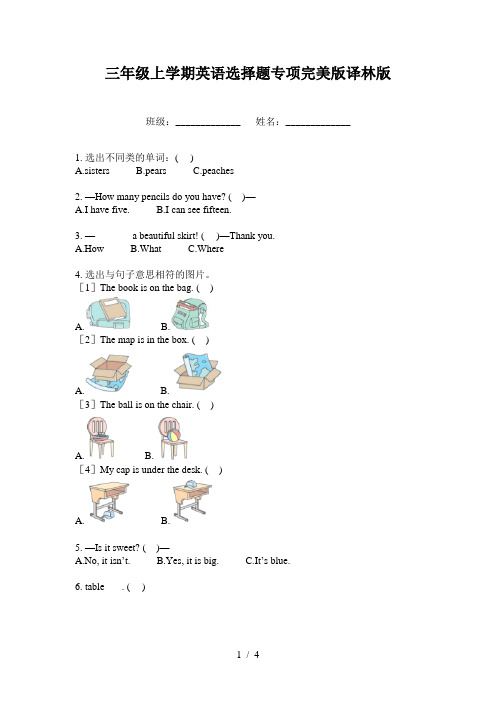 三年级上学期英语选择题专项完美版译林版