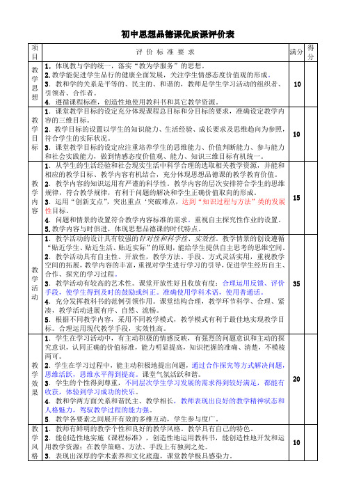 初中思想品德课优质课评价表