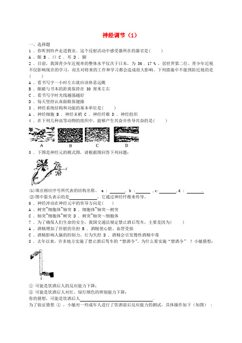 八年级科学上册 第3章 生命活动的调节 3 神经调节(1)同步练习 (新版)浙教版