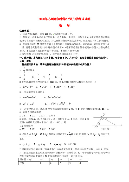 【2020年中考超凡押题】江苏省苏州市2020年中考数学真题试题(含答案)