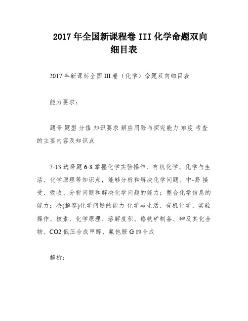 2017年全国新课程卷III化学命题双向细目表