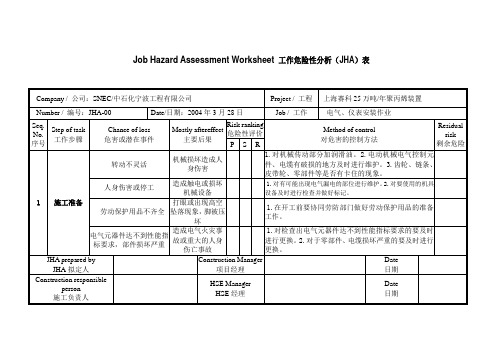 电气-仪表安装工程JHA分析