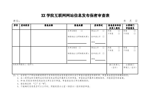 互联网网站信息发布保密审查表