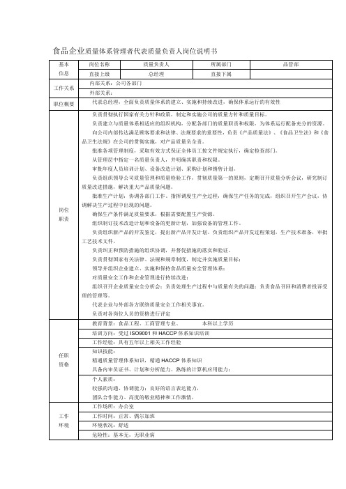 食品企业质量体系管理者代表质量负责人岗位说明书