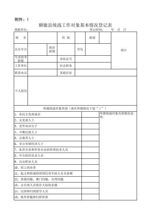 额敏县统战工作对象基本情况登记表及花名册