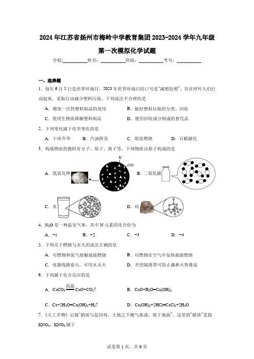 2024年江苏省扬州市梅岭中学教育集团2023-2024学年九年级第一次模拟化学试题