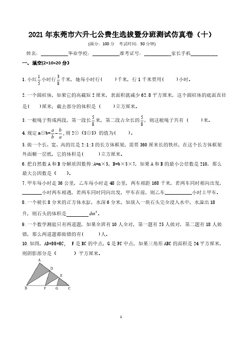 东莞市2021年小升初公费生选拔暨分班数学测试仿真卷(10)【内含参考答案】