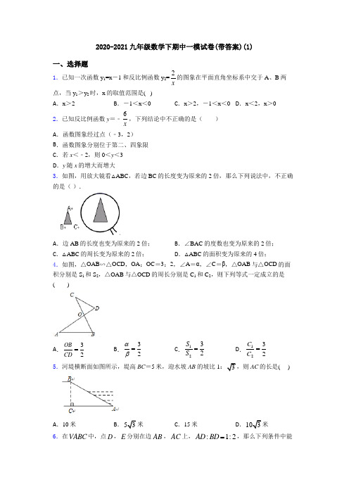 2020-2021九年级数学下期中一模试卷(带答案)(1)