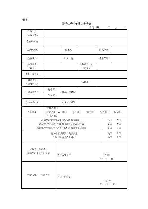 清洁生产审核评估、验收申请表(示例表)