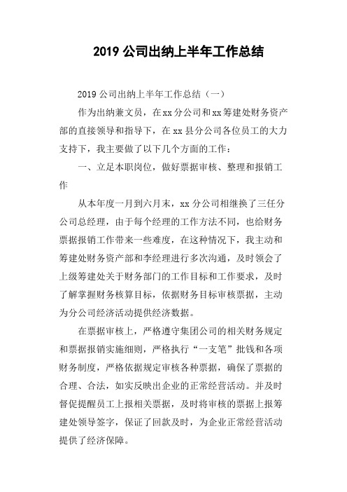 2019公司出纳上半年工作总结