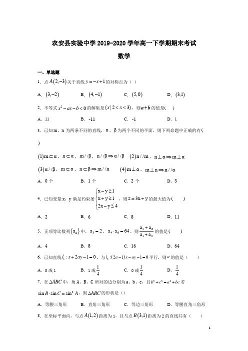 2019-2020学年吉林省长春市农安县实验中学高一下学期期末考试数学试题 解析版