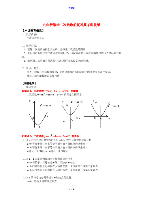 九年级数学二次函数的复习江苏科技版知识精讲