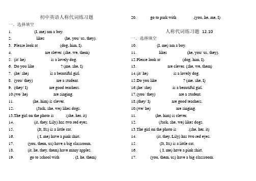 人教版英语七年级上册人称代词专项练习