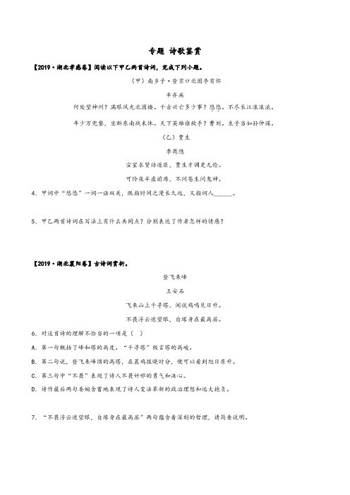 湖北省2020年中考语文三年真题分类汇编专题：诗歌鉴赏 (学生版)