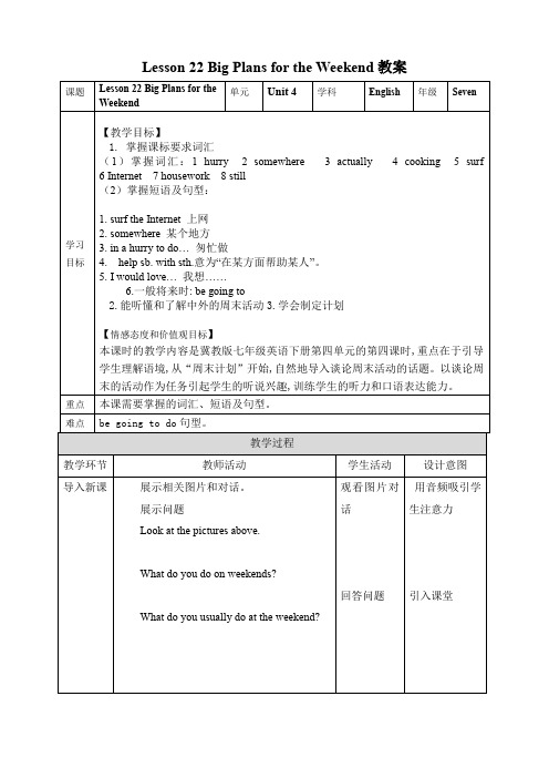 Lesson22BigPlansfortheWeekend教案-冀教版英语七年级下册