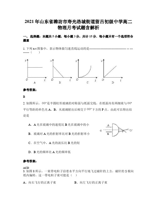 2021年山东省潍坊市寿光洛城街道留吕初级中学高二物理月考试题含解析