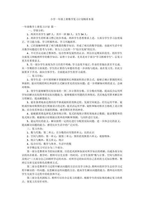 小学一年级上册数学复习计划精彩5篇