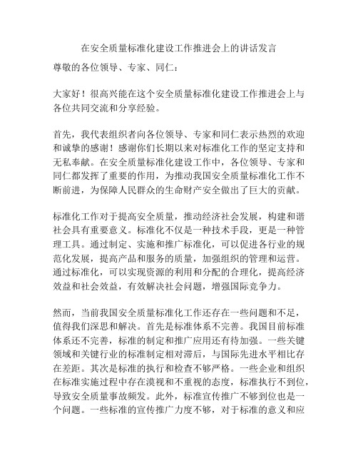 在安全质量标准化建设工作推进会上的讲话发言