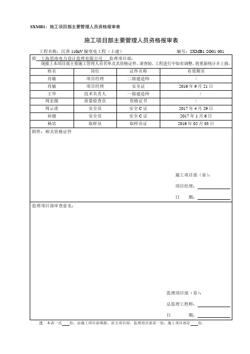 SXMB1：施工项目部主要管理人员资格报审表