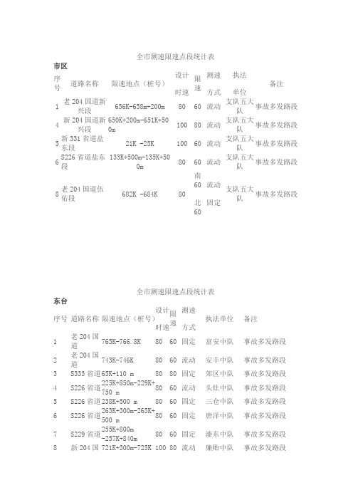 全市测速限速点段统计表