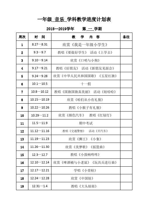 2018-2019学年第一学期小学音乐教学进度计划