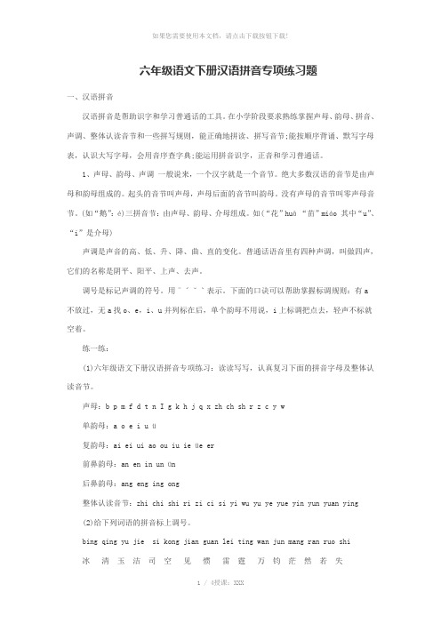 六年级语文下册汉语拼音专项练习题