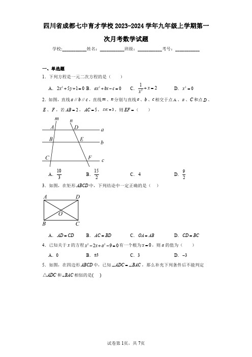 四川省成都七中育才学校2023-2024学年九年级上学期第一次月考数学试题