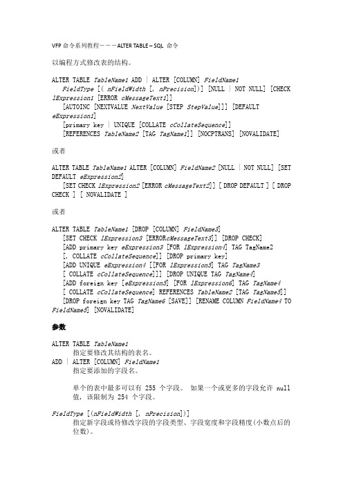 VFP命令系列教程---ALTER TABLE – SQL 命令