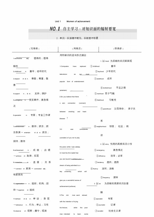 2017届高考英语一轮复习Unit1Womenofachievement导学案新人教版必修4.doc