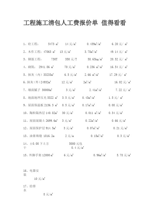 工程施工清包人工费报价单