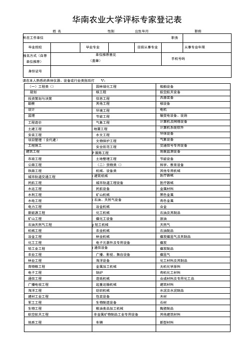 华南农业大学评标专家登记表