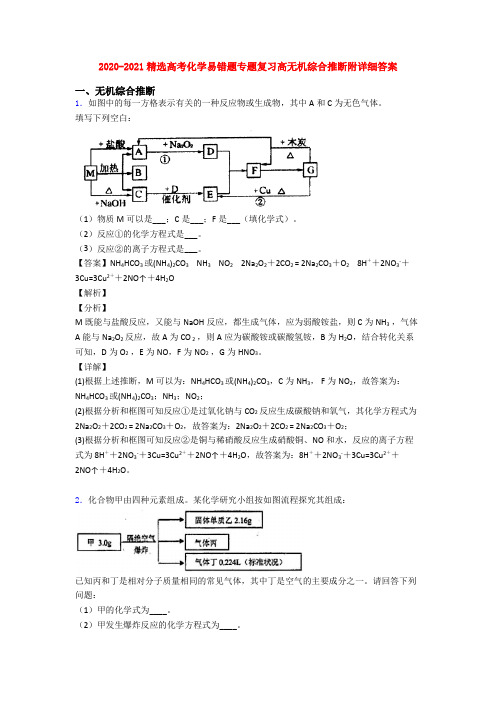 2020-2021精选高考化学易错题专题复习高无机综合推断附详细答案