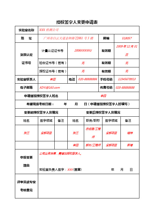 授权签字人变更申请表 新增授权签字人申请表(示范文本)