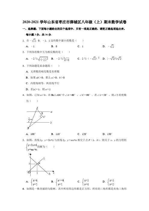 _山东省枣庄市薛城区2020-2021学年八年级上学期期末数学试卷  解析版