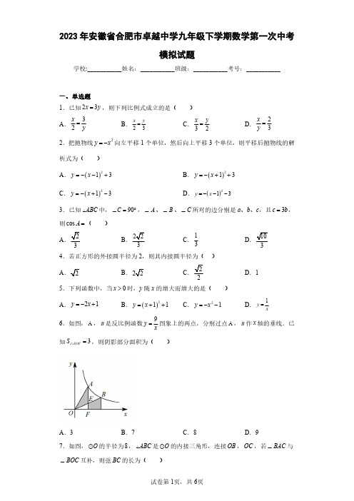 2023年安徽省合肥市卓越中学九年级下学期数学第一次中考模拟试题(含答案解析)