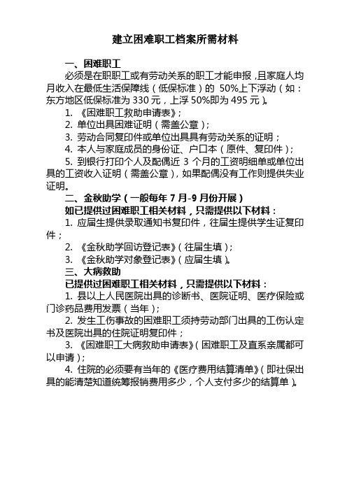 建立困难职工档案所需材料