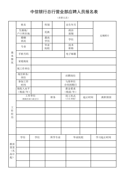 中信银行总行营业部应聘人员报名表