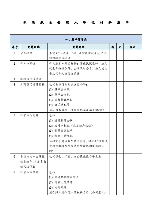 私募基金管理人登记材料清单