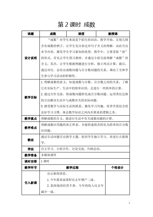 人教版六年级下册《成数》教学设计及反思